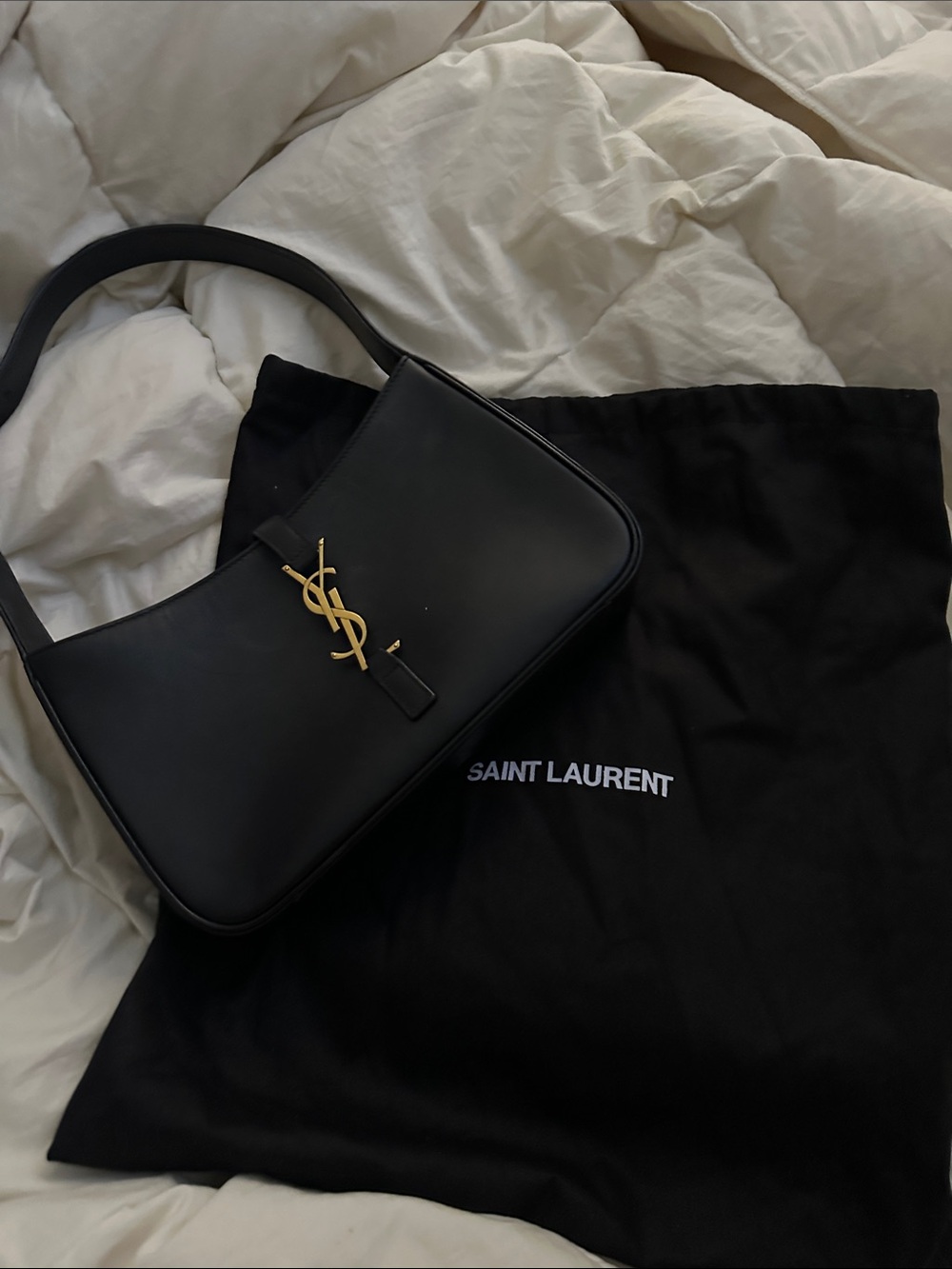 Saint Laurent Black Leather Shoulder Bag with Gold YSL Accent